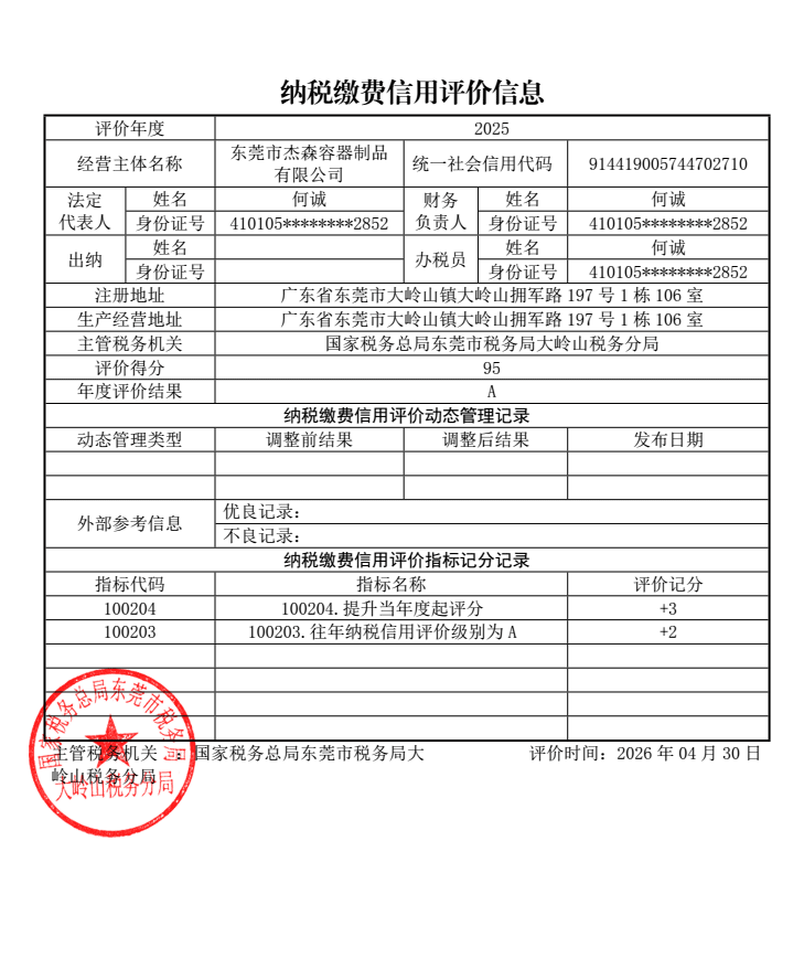 杰森容器获纳税信用A级评价2025.png